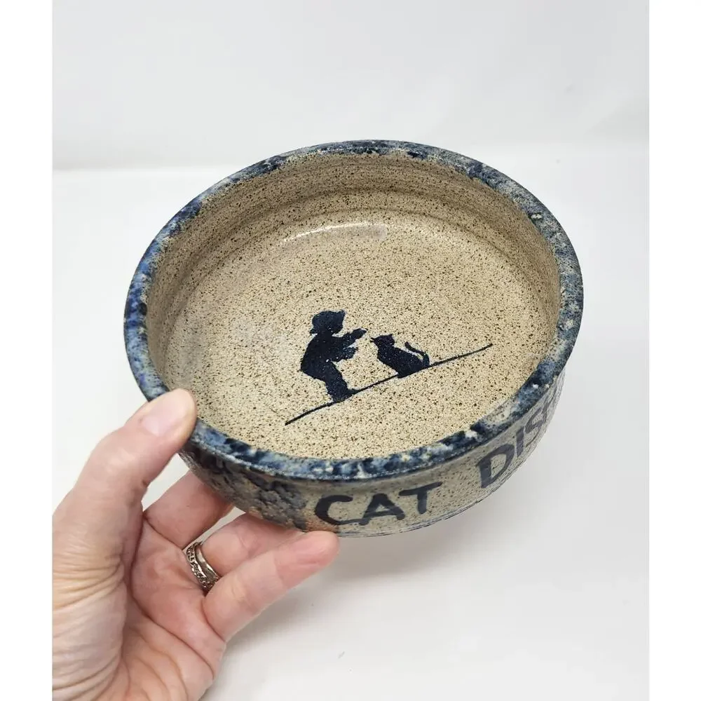 Cat Dish | Spongeware Blue Speckled Stoneware - Sugarcamp Pottery Signed